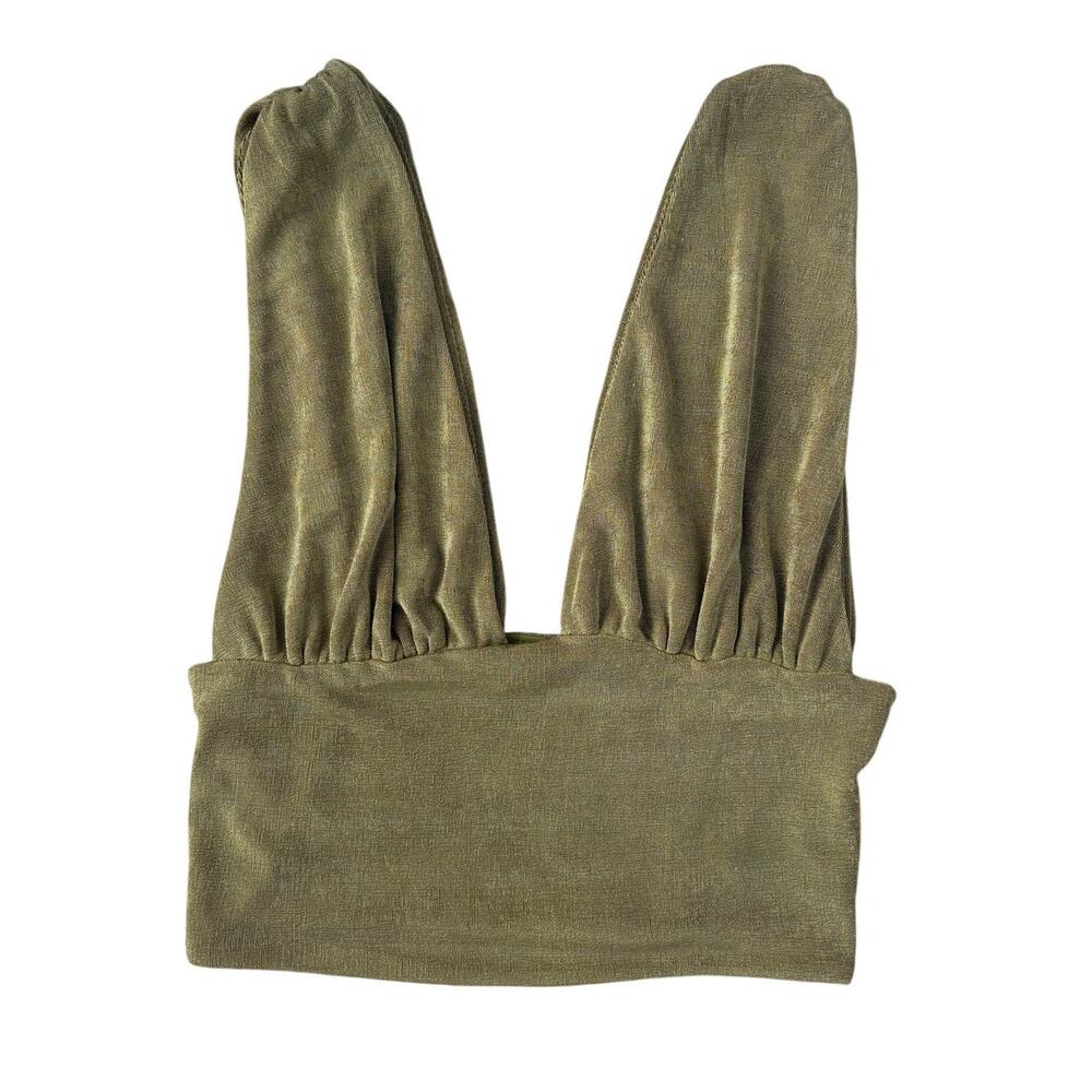 Miss Lola Olive Green Plunge V-Neck Crop Top Sleeveless Knit Shirt Large L